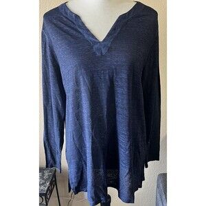 Chico's Navy Blue Slub Knit 100% Linen V-Neck Top Sz 2 Or L NWT